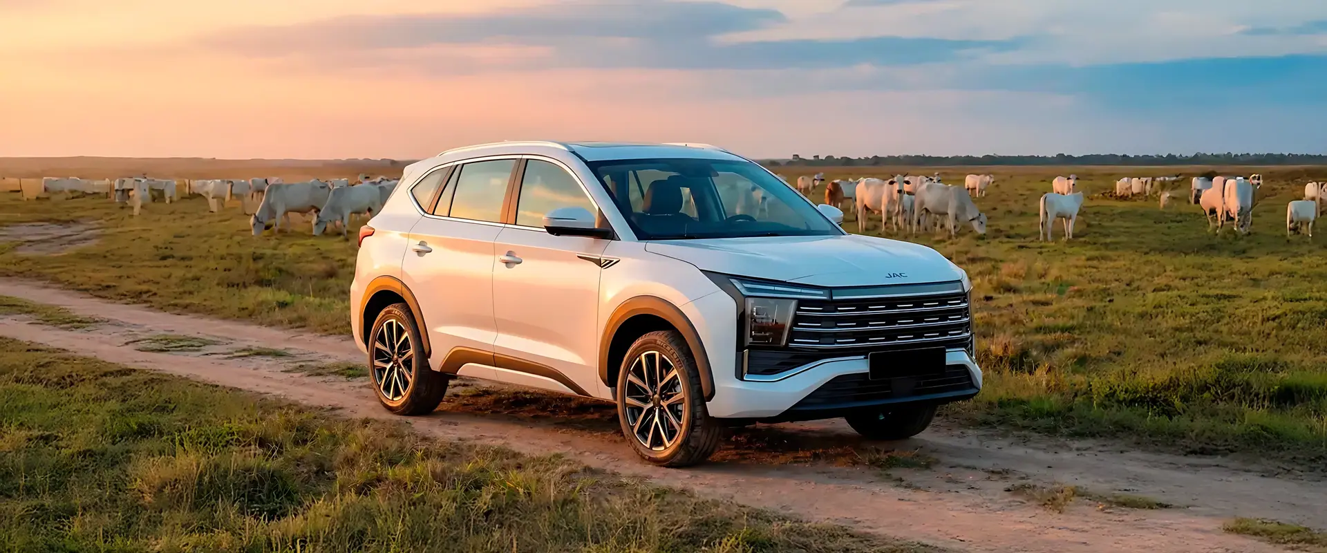 JAC Savanna blanca en un camino de tierra de los llanos, con ganado al atardecer